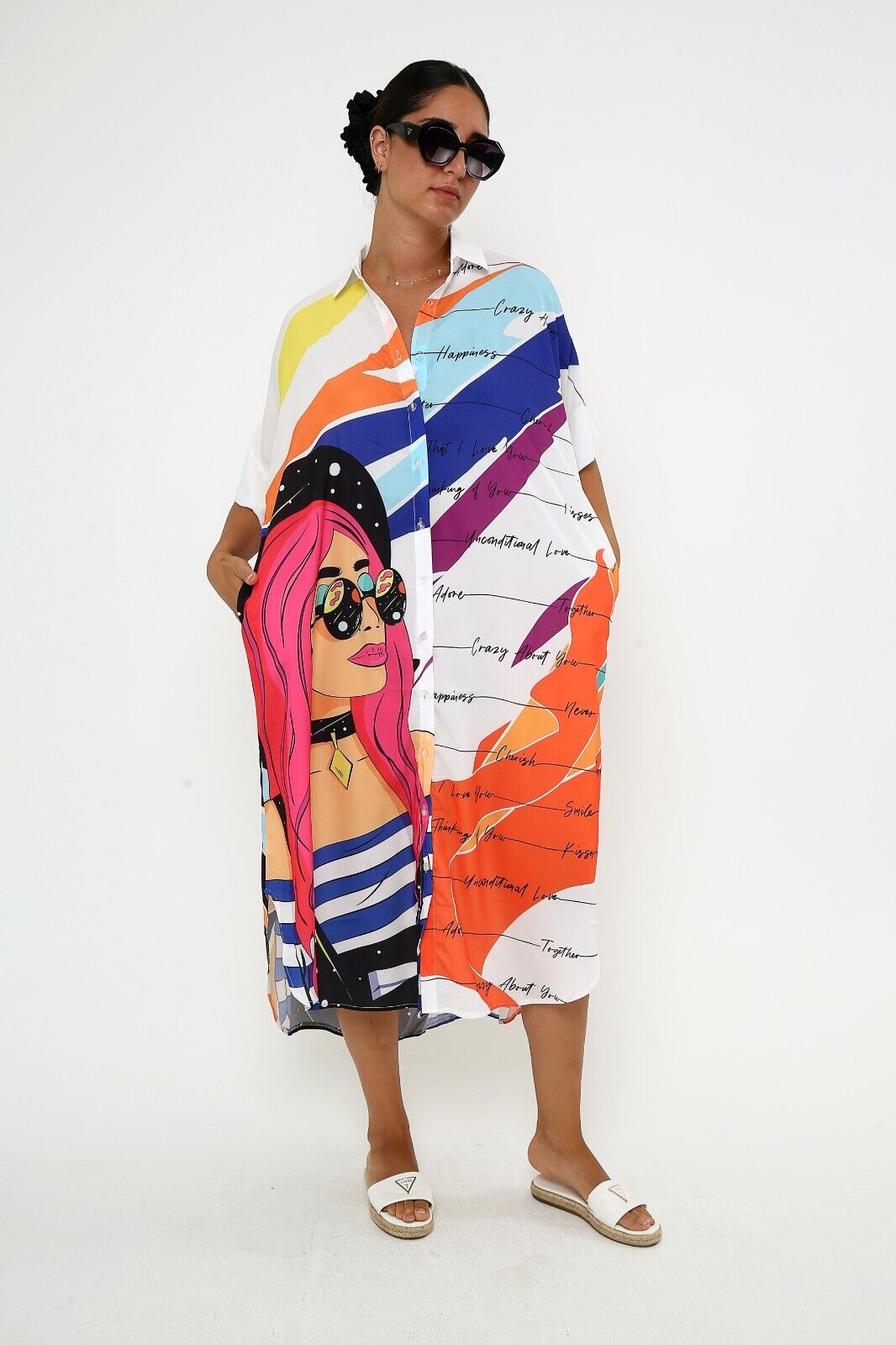 Women's Colorful Pop Art Shirt Dress - Oversized Graphic Viscose Kaftan