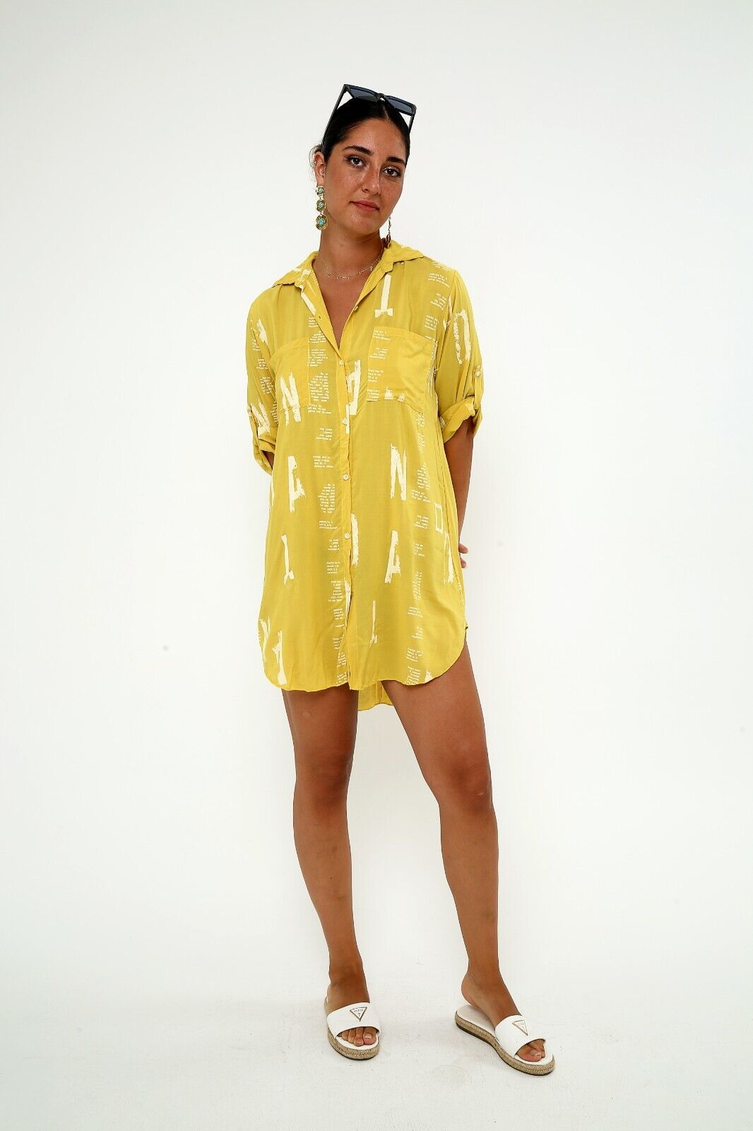Women's Bright Yellow Button-Down Shirt Dress ,Viscose Tunic, Graphic Print