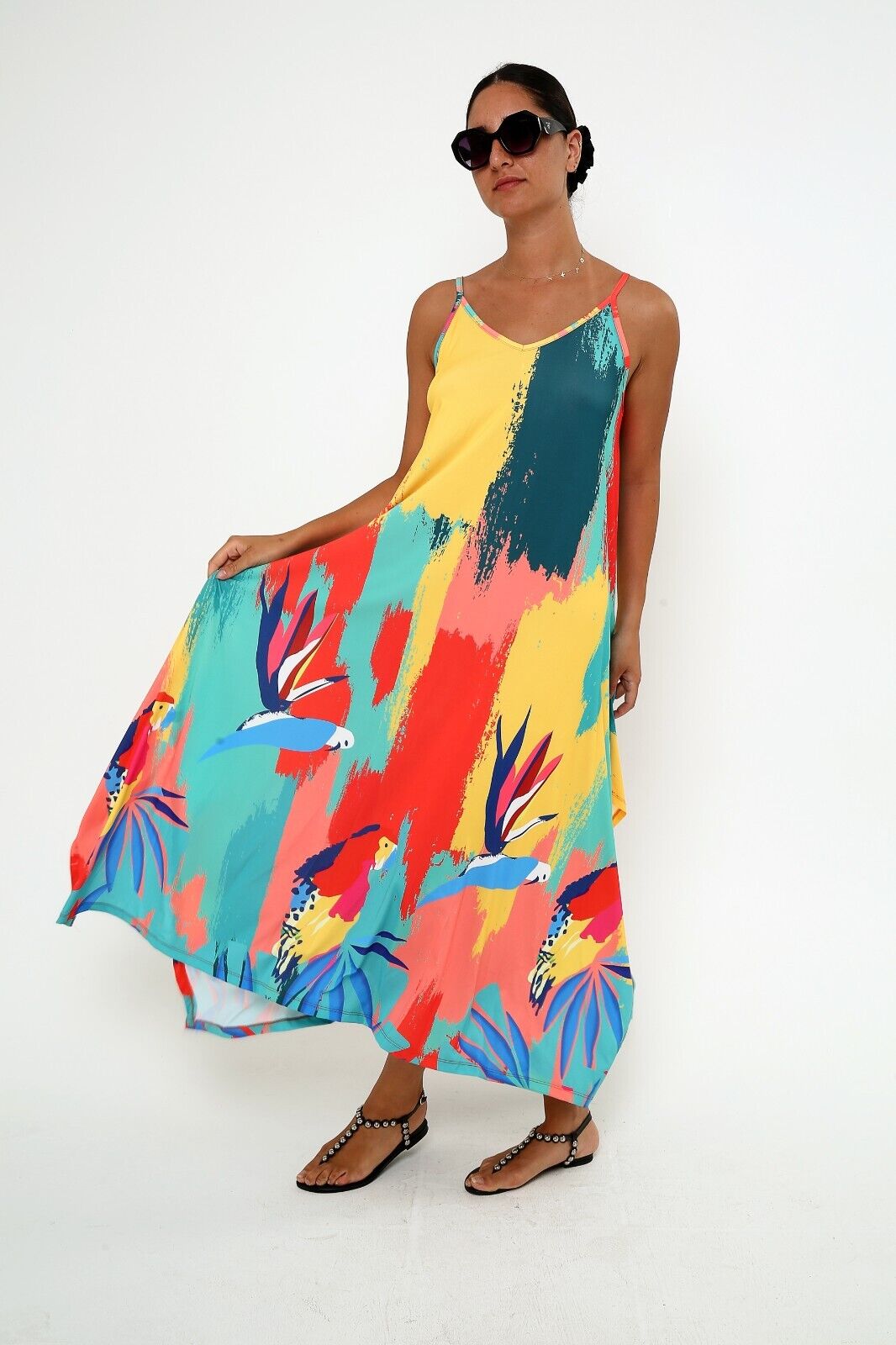 Women's Parrot Paradise Viscose Sundress Spaghetti Strap Maxi dress