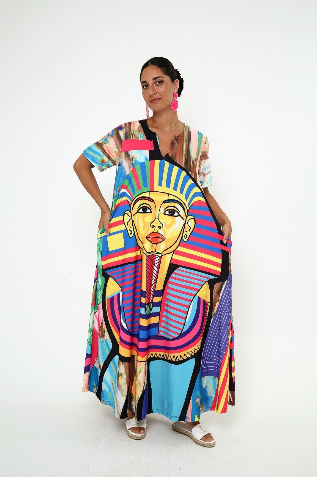 Women's Vibrant Egyptian Pharaoh Maxi Dress - Bold Colorful Print, Flowy Viscose