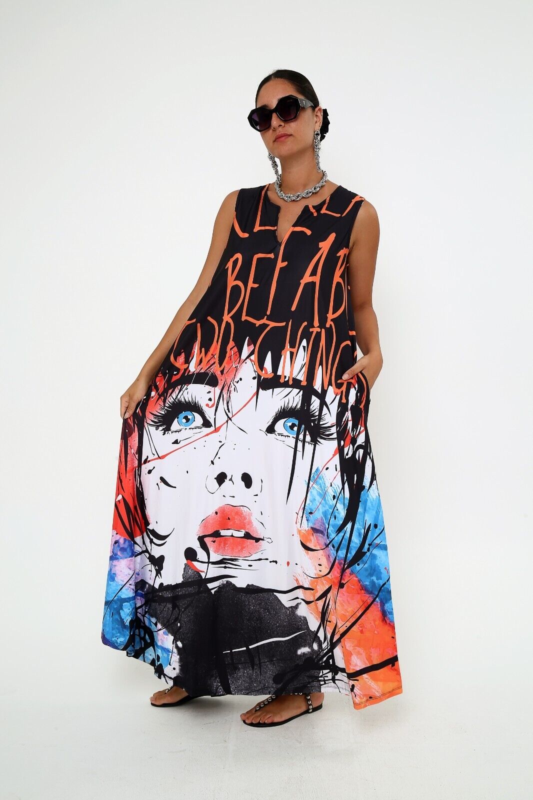 Women's Pop Art Expression Sleeveless Black Maxi Dress With Pocket XL
