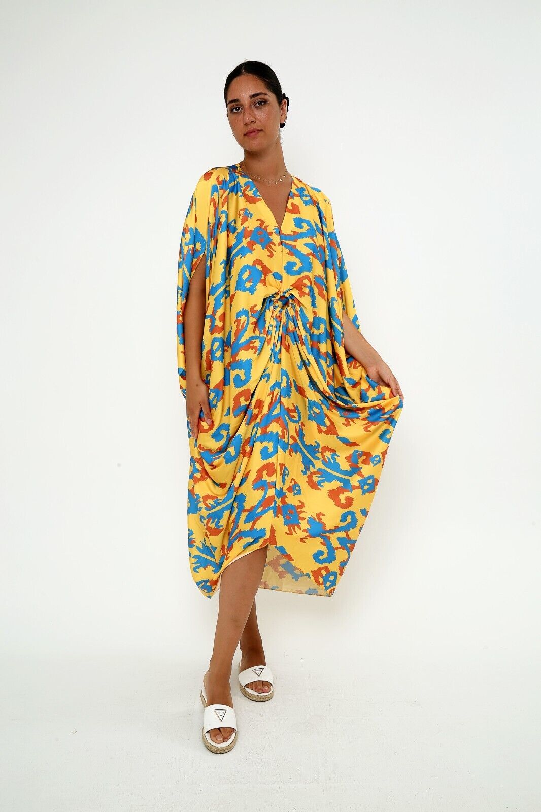 Women's Sunny Ikat Print Silk Kaftan Dress 3/4 sleeve caftan dress
