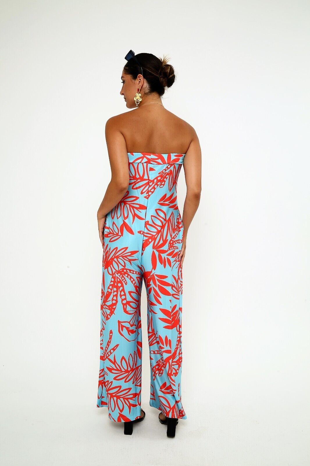 Women's Blue & Red Tropical Print Strapless Jumpsuit - Wide-Leg Viscose