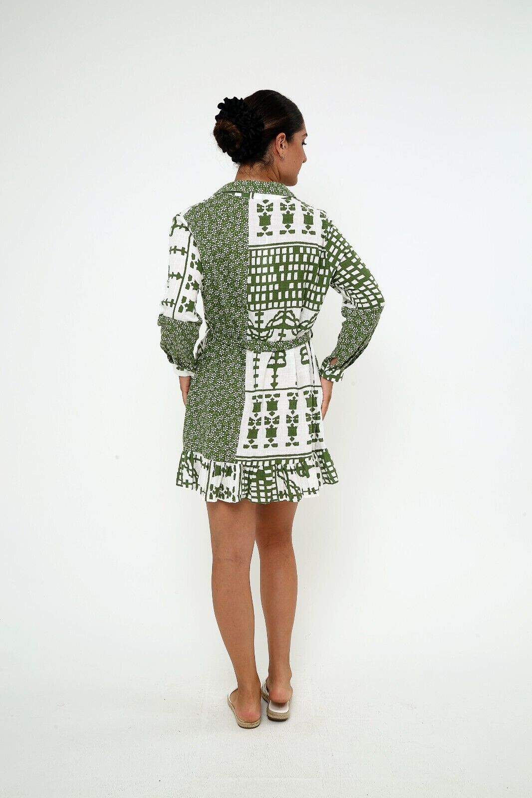 Women's Olive Green Patchwork Linen A-Line Dress with Belt