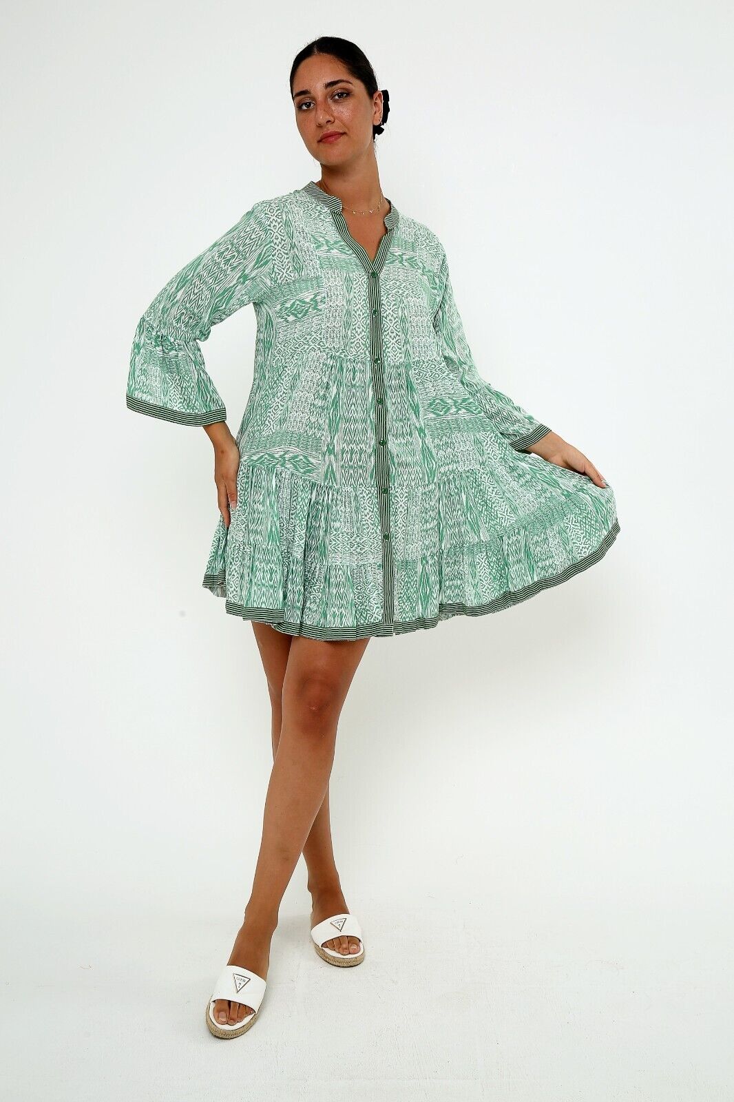 Women's Sage Green Boho Print Viscose Mini A-Line Dress