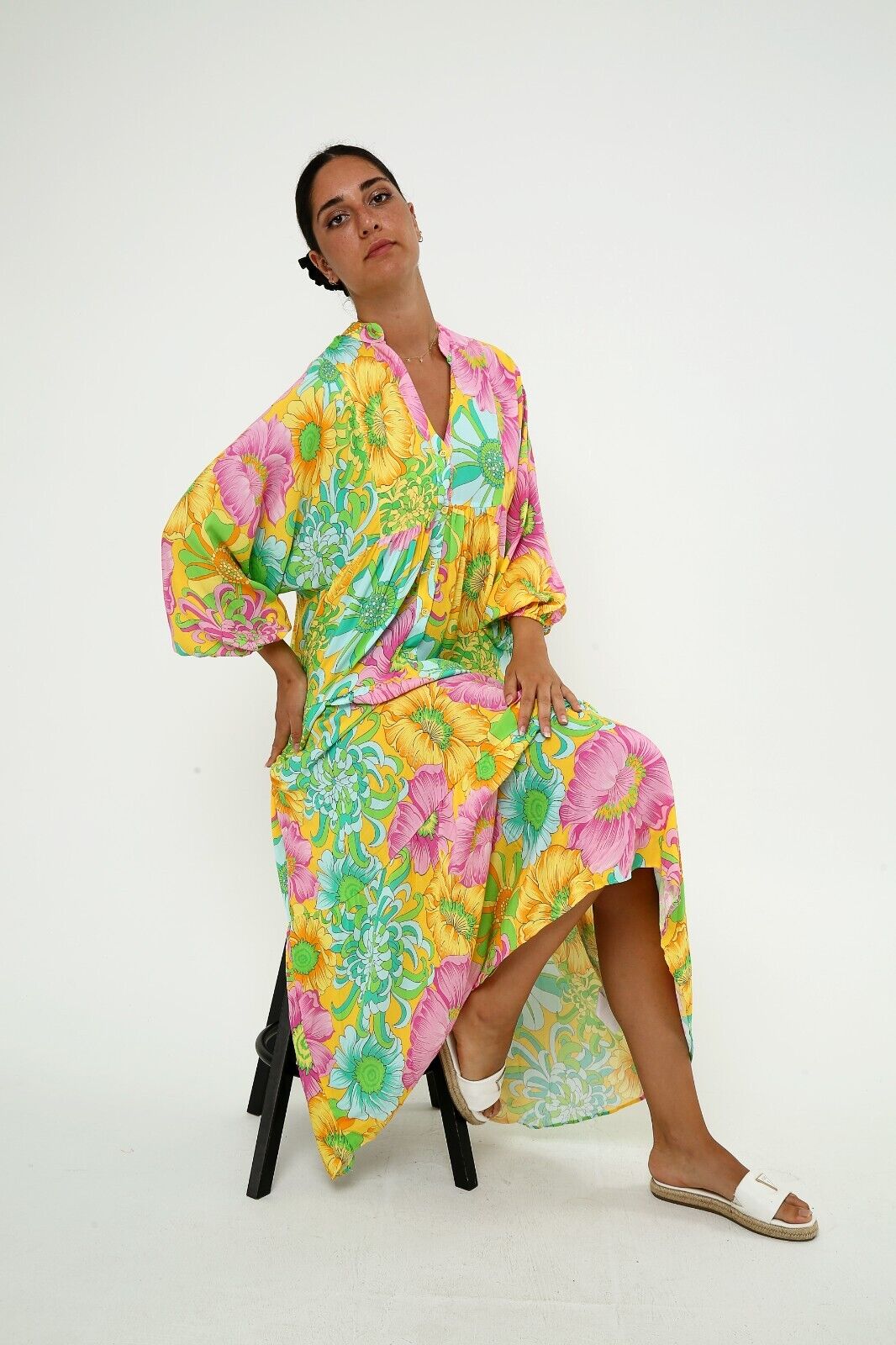 Women's Bright Floral Print Maxi Dress - Boho Long Sleeve Viscose, Tiered Design