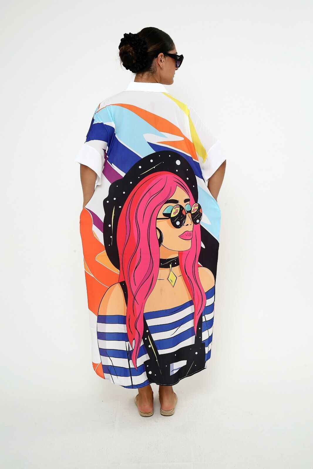 Women's Colorful Pop Art Shirt Dress - Oversized Graphic Viscose Kaftan