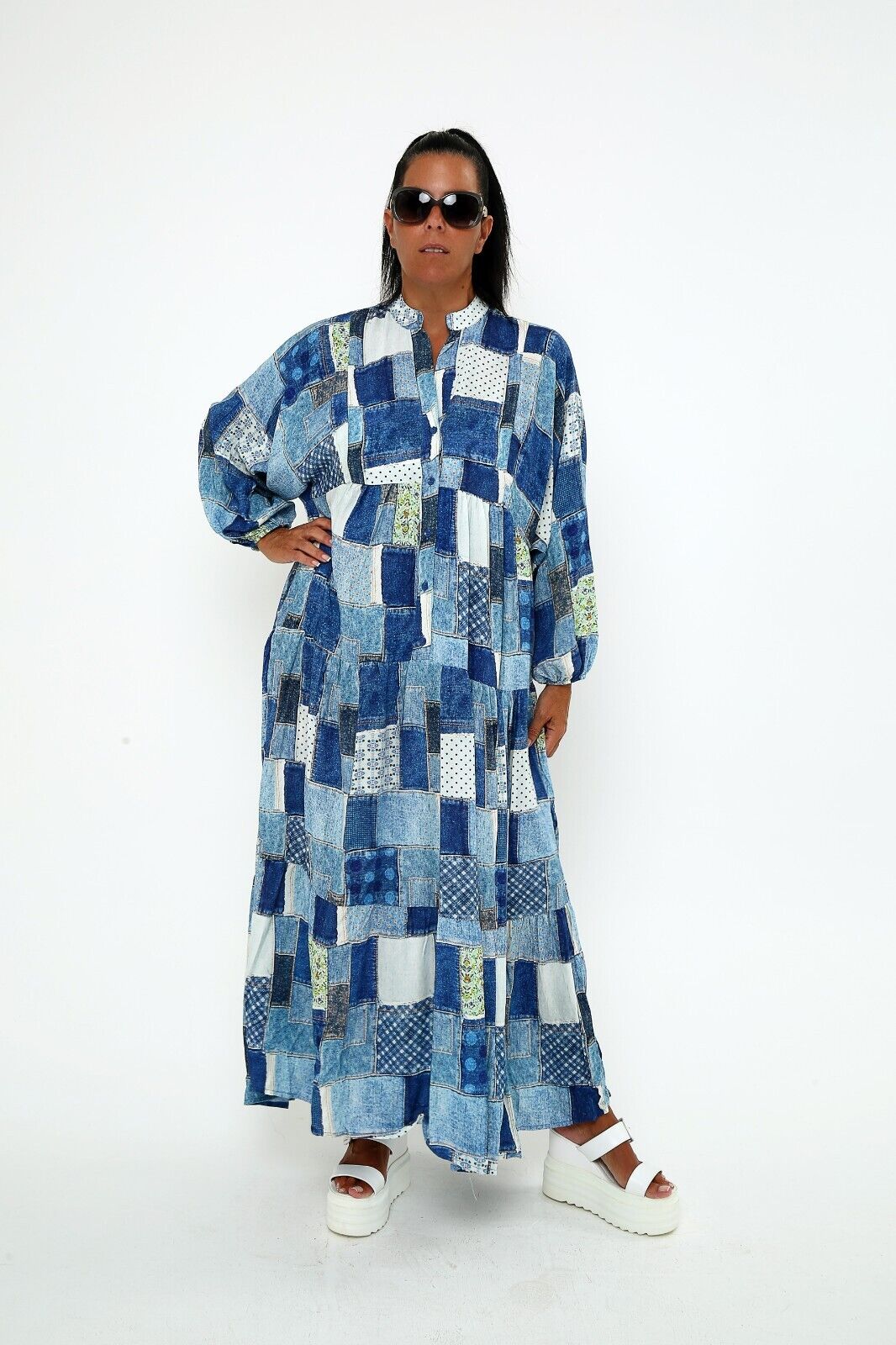 Women's Patchwork Denim-Print Maxi Dress - Boho Chic Viscose, Long Sleeve