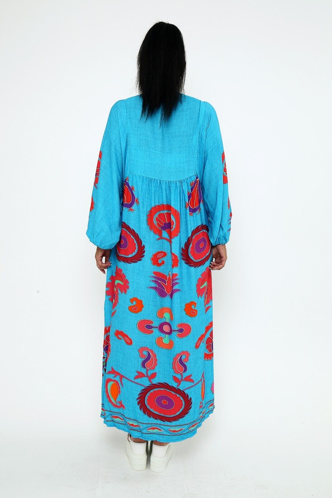 Women's Turquoise Boho Maxi Dress, Bold Paisley Print, Long Sleeve Viscose