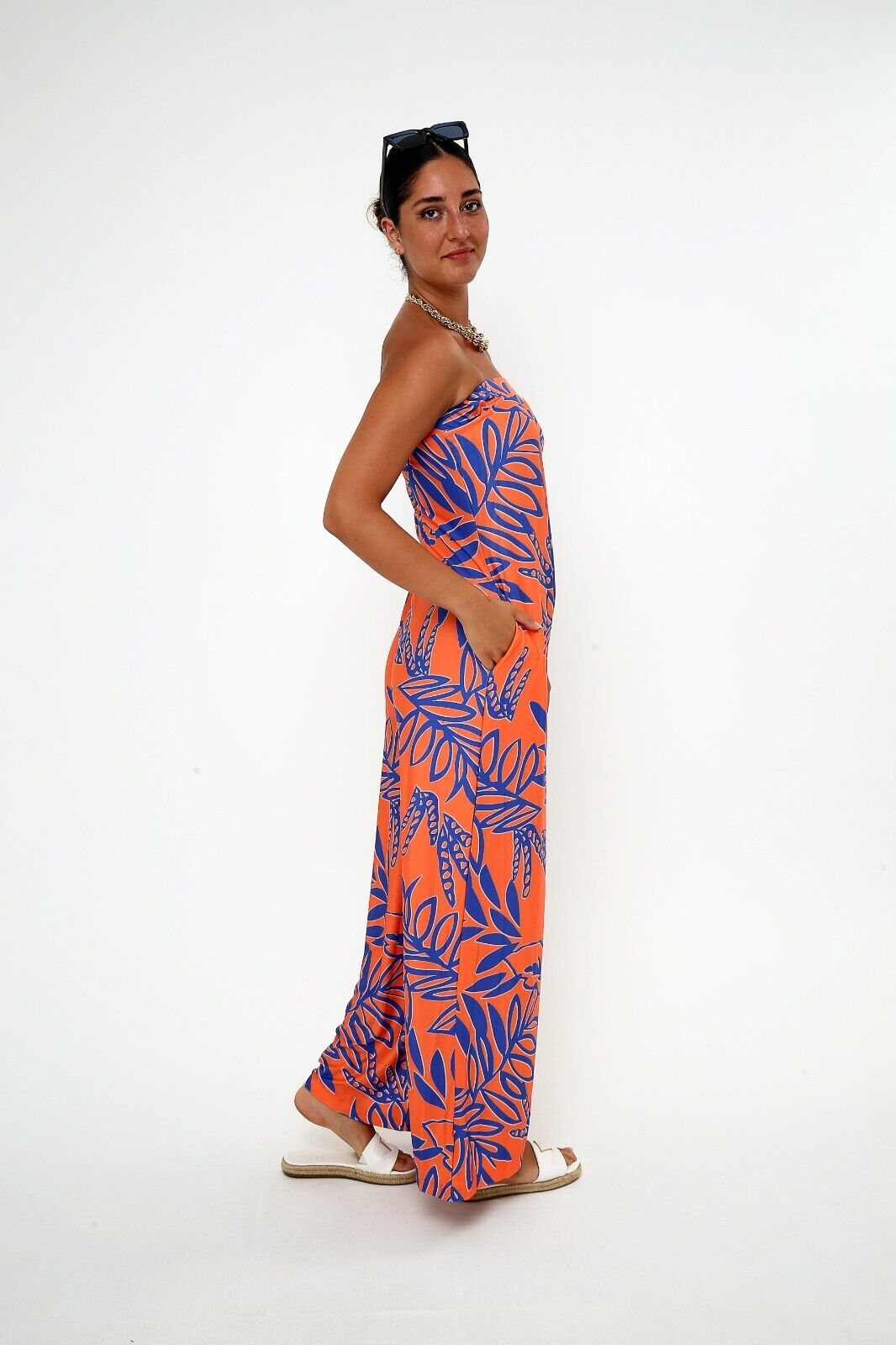 Women's Orange & Blue Tropical Strapless Wide Leg Jumpsuit with Side Pockets