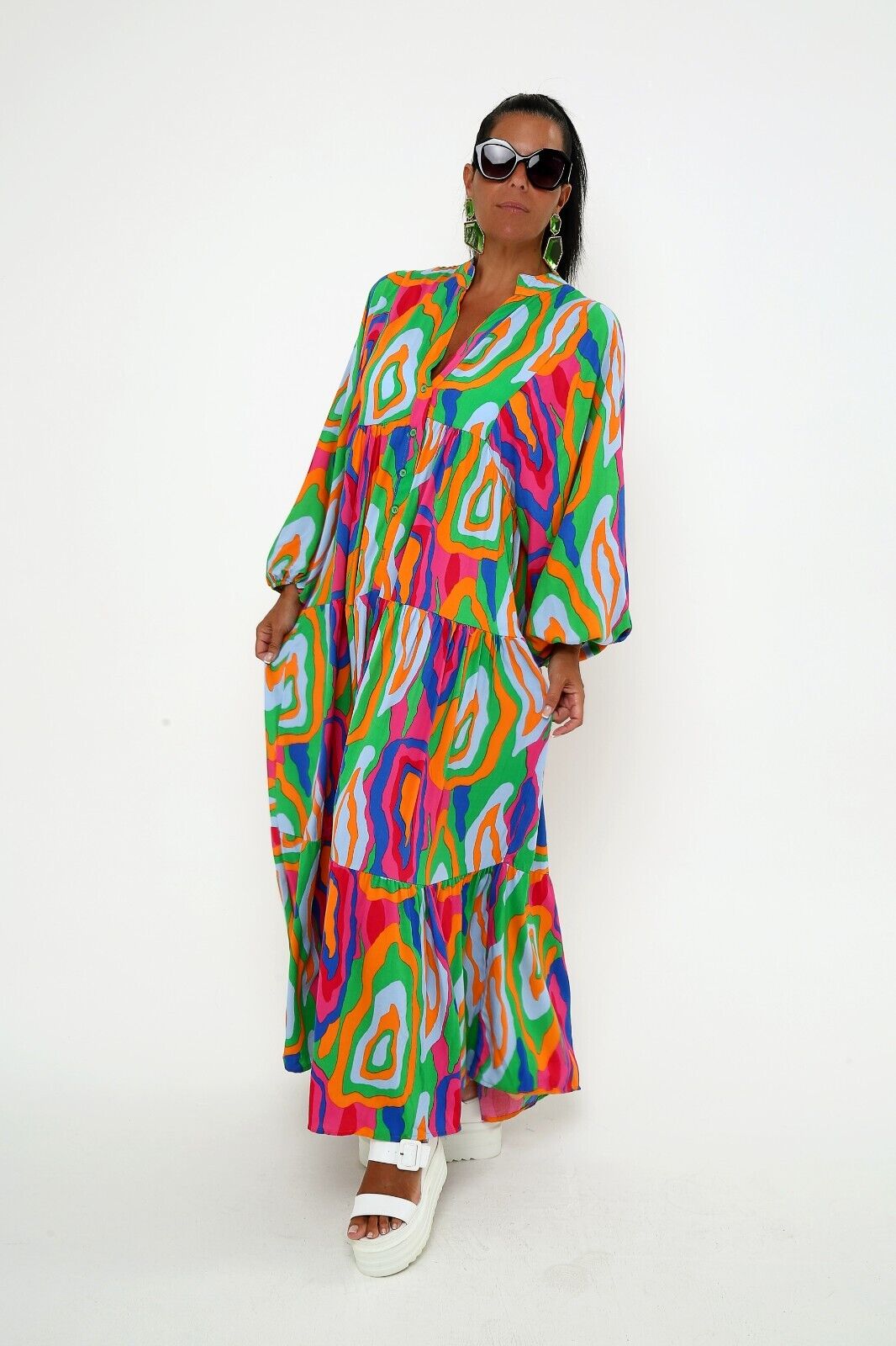 Women's Colorful Abstract Print Maxi Dress - Boho Tiered Viscose, Long Sleeve