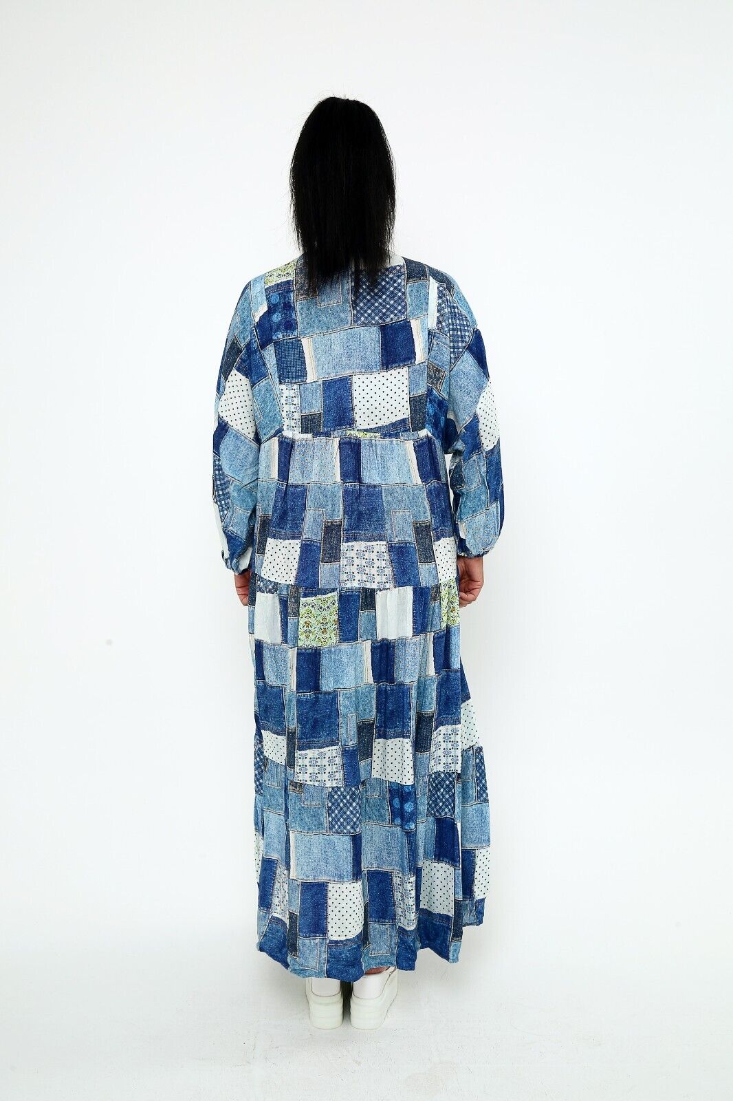 Women's Patchwork Denim-Print Maxi Dress - Boho Chic Viscose, Long Sleeve
