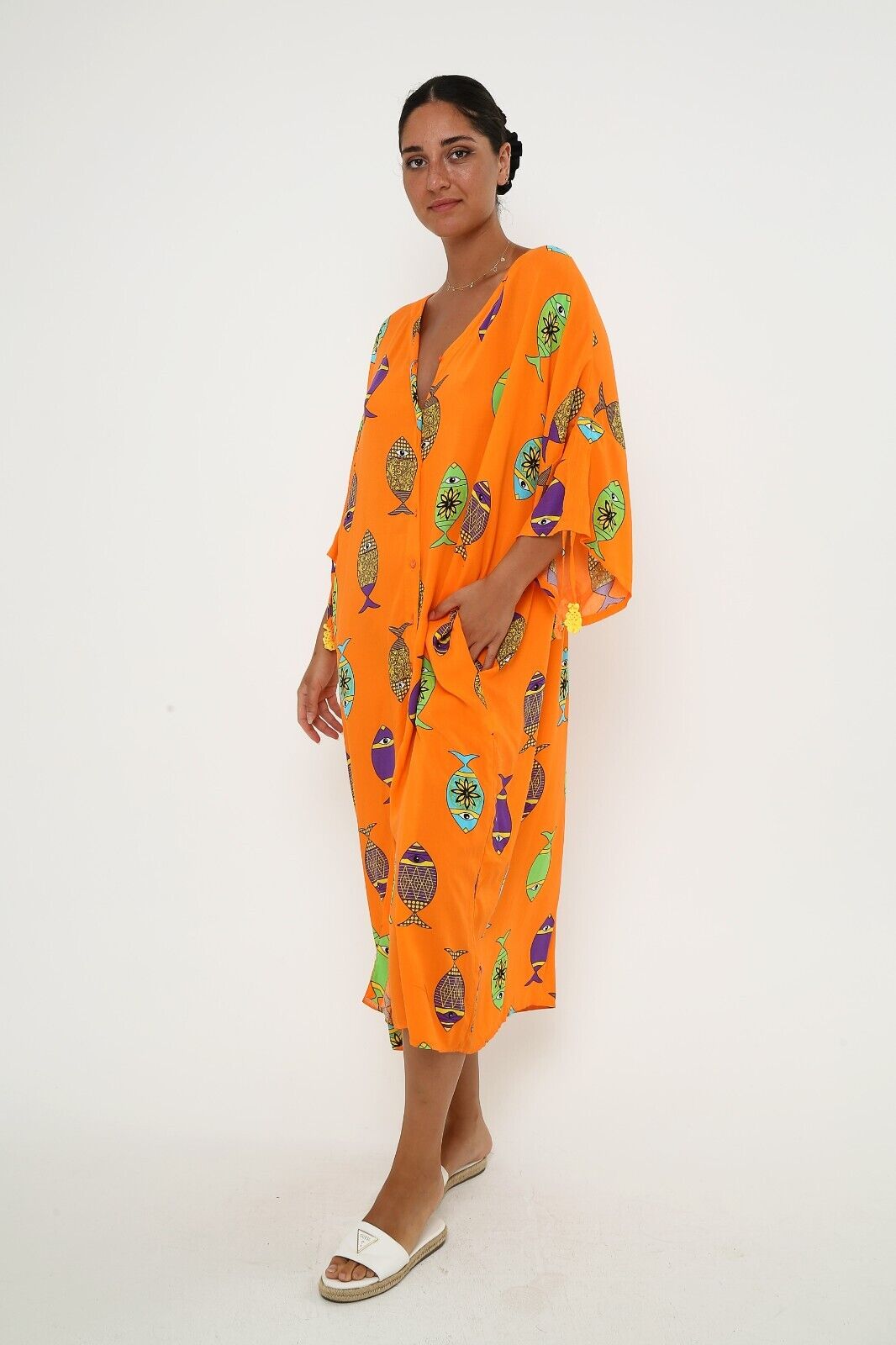 Women's Bright Orange Fish Print Maxi Dress - Button-Down Viscose Kaftan