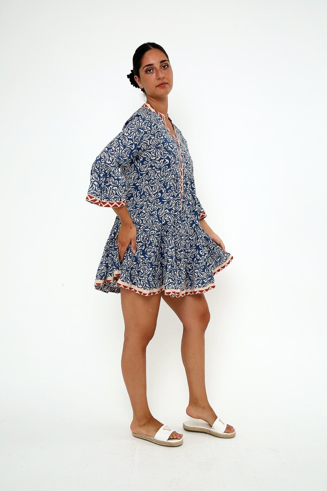 Women's Geometric Print Ruffle Hem Viscose A line Short Dress