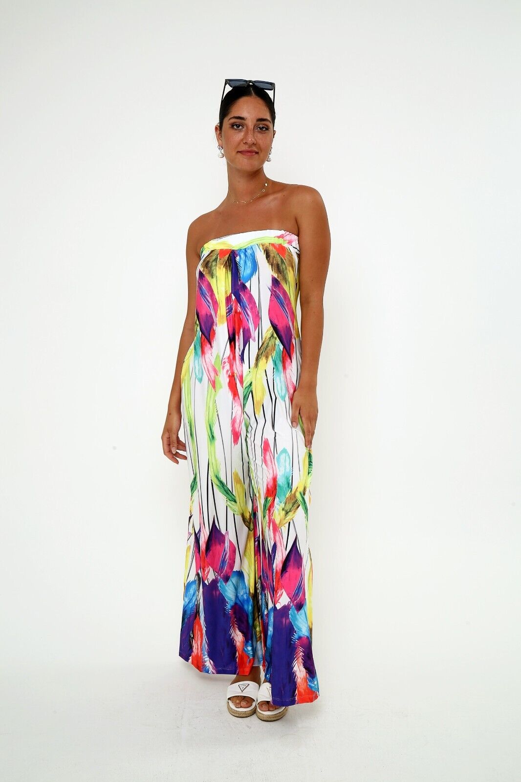 Women's Vibrant Strapless Wide-Leg Jumpsuit Colorful Feather Print, Viscose
