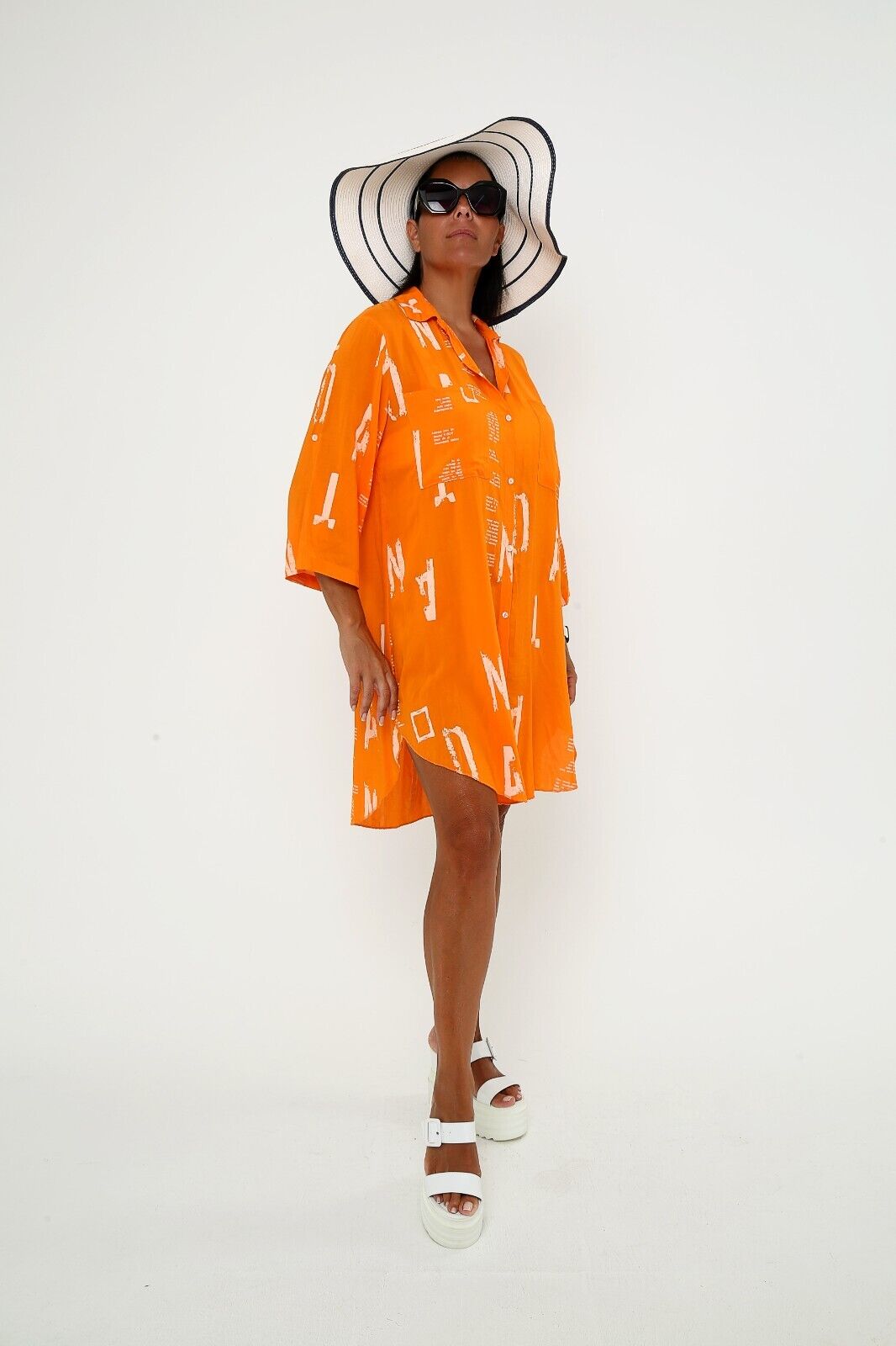 Women's Bright Orange Button-Down Shirt Dress Casual Viscose Tunic