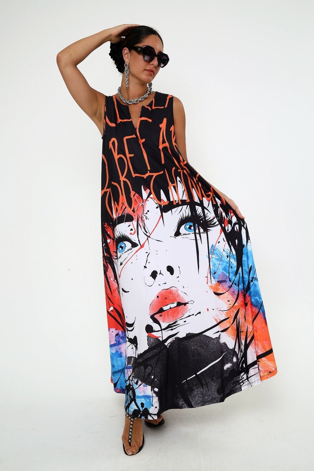 Women's Pop Art Expression Sleeveless Black Maxi Dress With Pocket XL