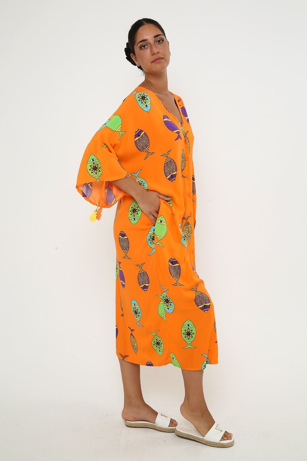 Women's Bright Orange Fish Print Maxi Dress - Button-Down Viscose Kaftan