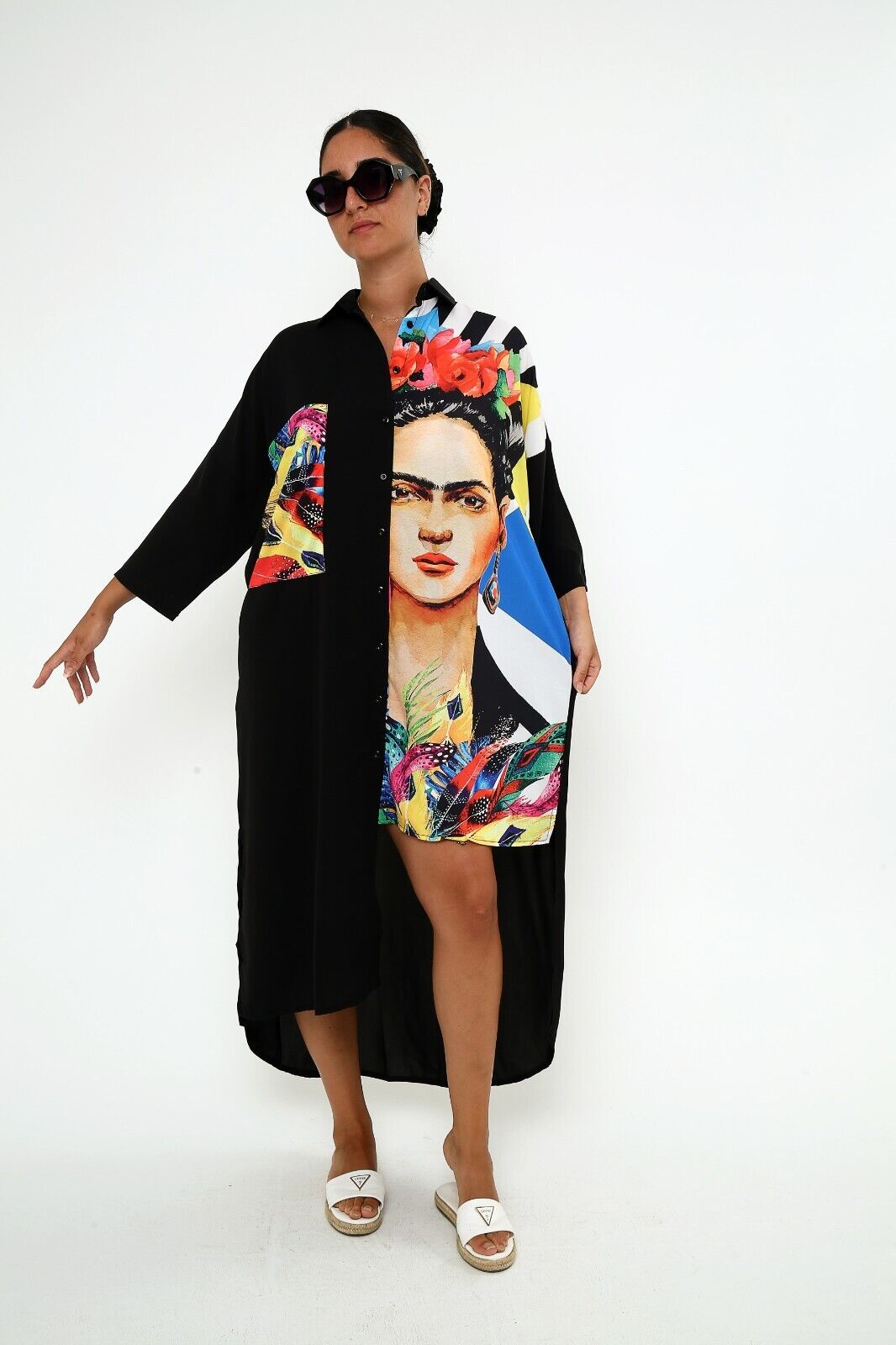 Women's Frida Kahlo Graphic Shirt Dress - Colorful Oversized Viscose Kaftan