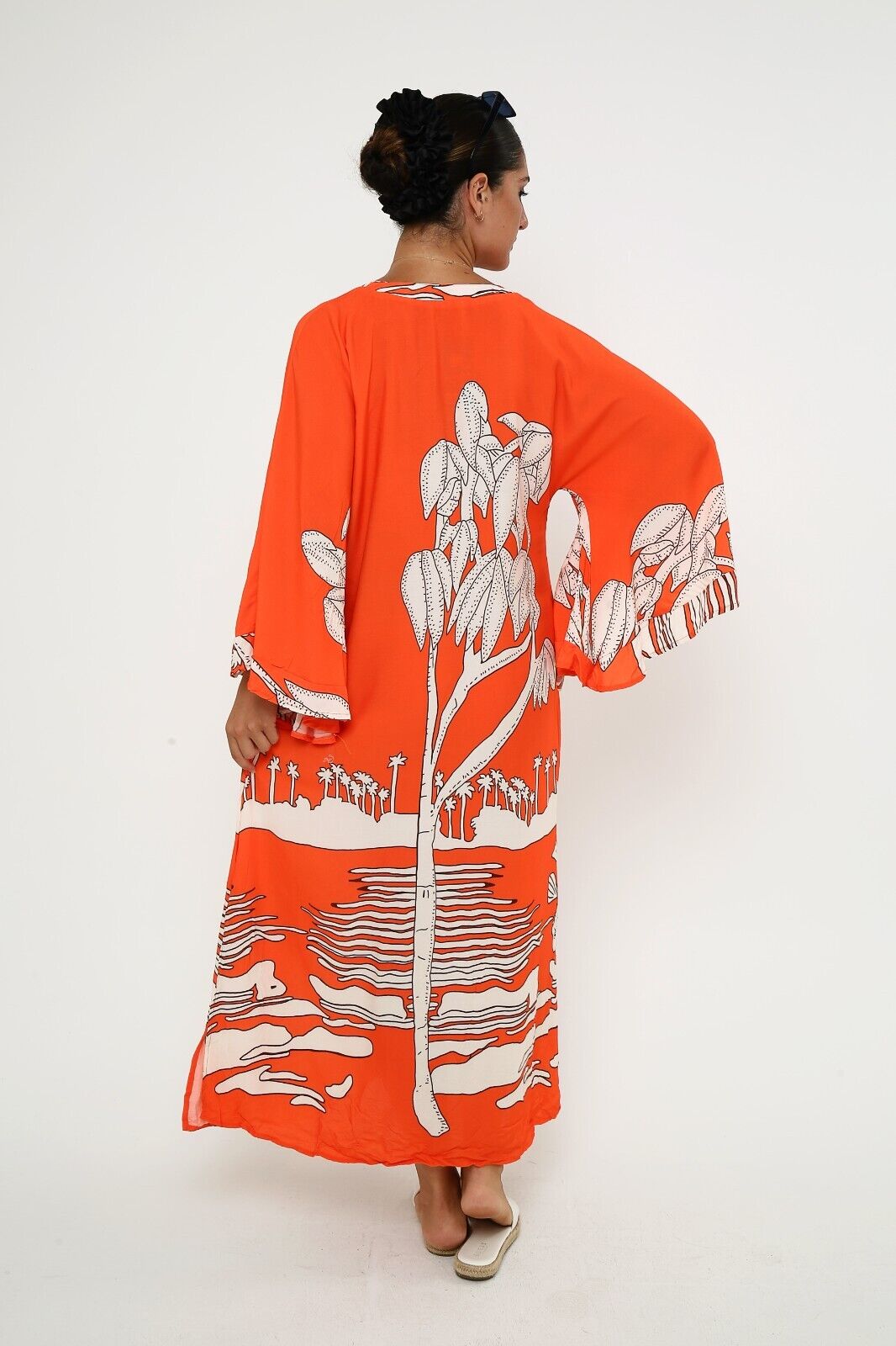 Women's Batwing Bold Orange Kaftan Dress - Tropical Print Viscose
