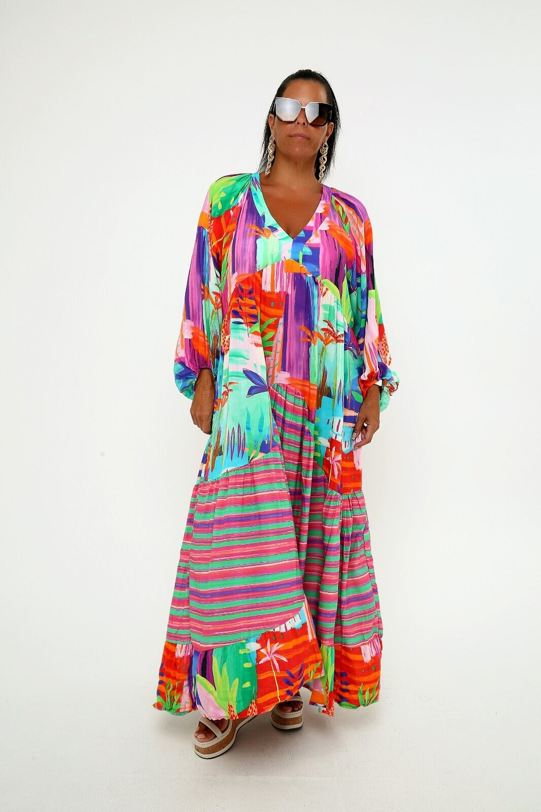 Women's Vibrant Boho Maxi Dress Colorful Abstract Print, Long Sleeve Viscose
