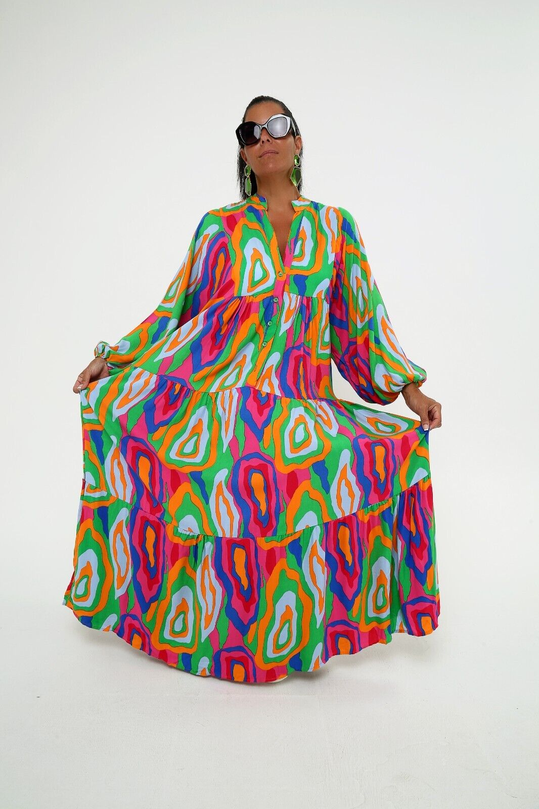 Women's Colorful Abstract Print Maxi Dress - Boho Tiered Viscose, Long Sleeve
