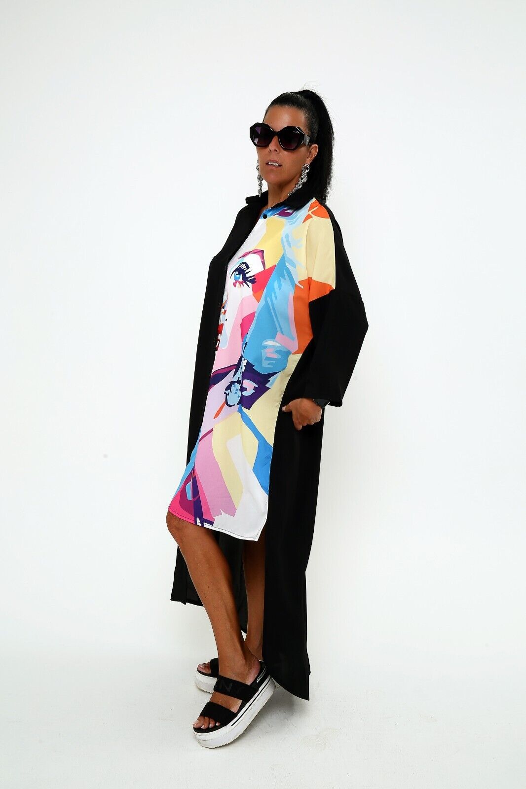 Women's Pop Art Print Shirt Dress ,Colorful Portrait Design, Long shirt dress