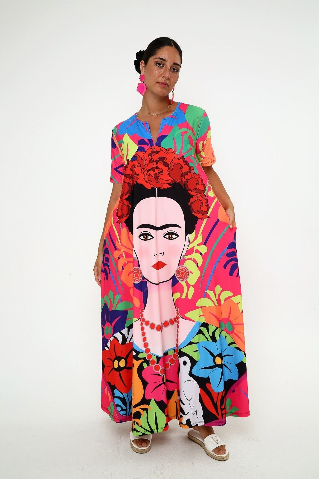 Women's Vibrant Frida Kahlo Maxi Dress with Bold Floral Design