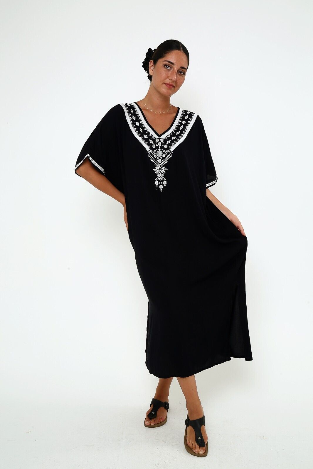 Women's Embroidered V neck dress , Women Kaftan Dress , Dress with Pockets