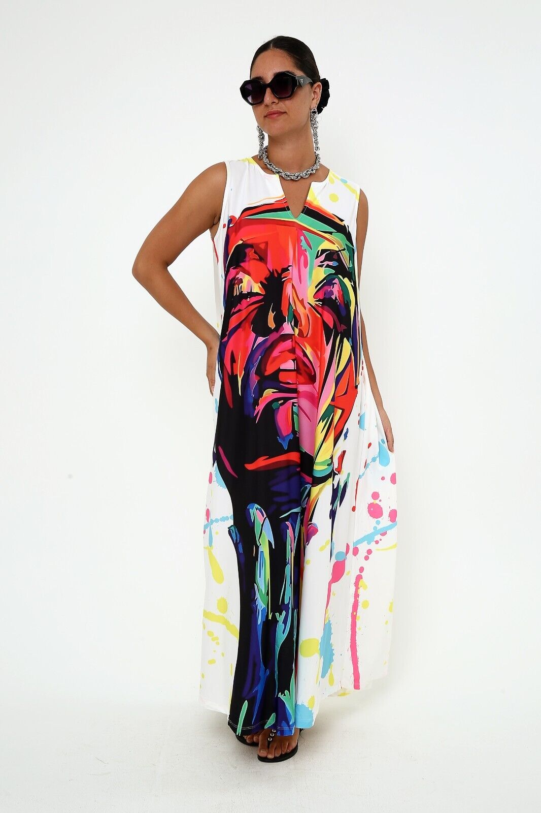 Women's Vivid Expressionist Portrait Viscose Sleeveless White Maxi Dress