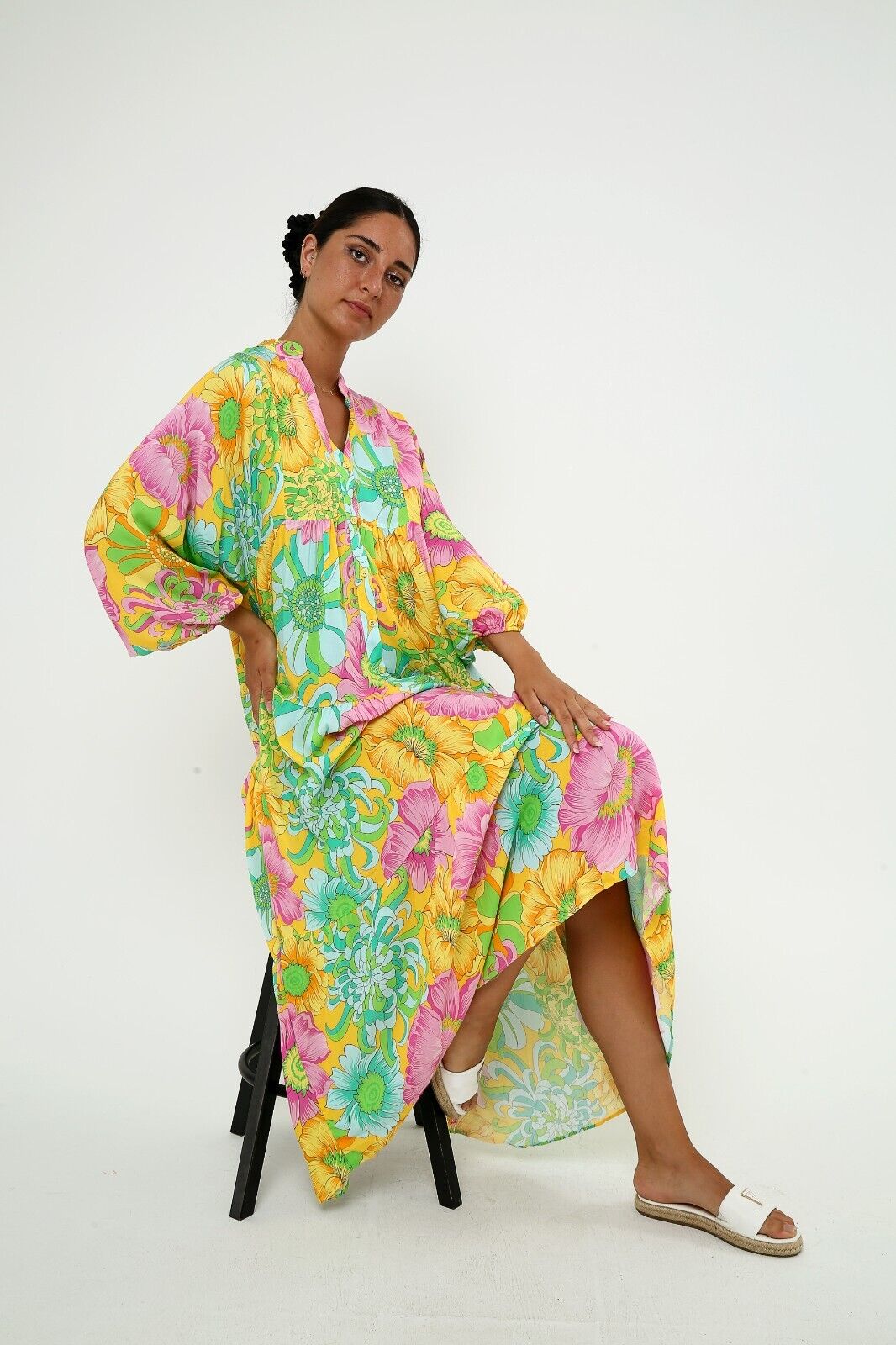 Women's Bright Floral Print Maxi Dress - Boho Long Sleeve Viscose, Tiered Design