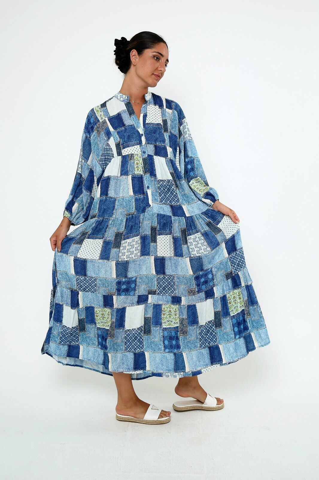 Women's Patchwork Denim-Print Maxi Dress - Boho Chic Viscose, Long Sleeve
