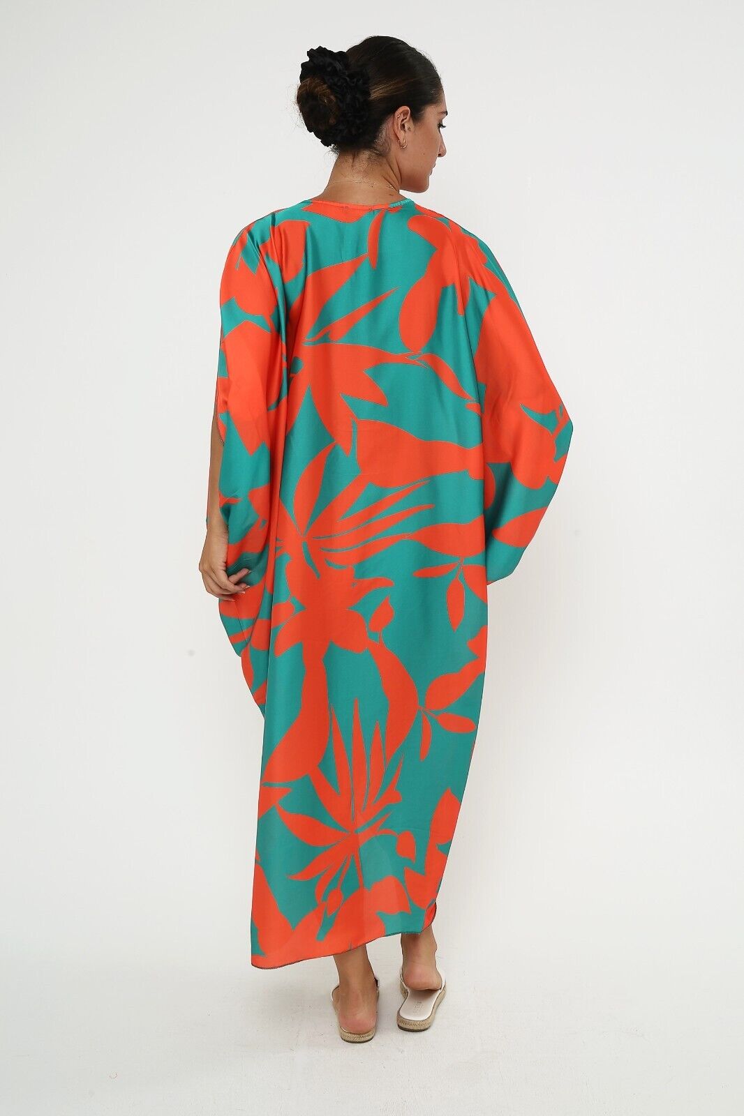 Women's Tropical Coral and Teal Silk Kaftan 3/4 sleeve dresses