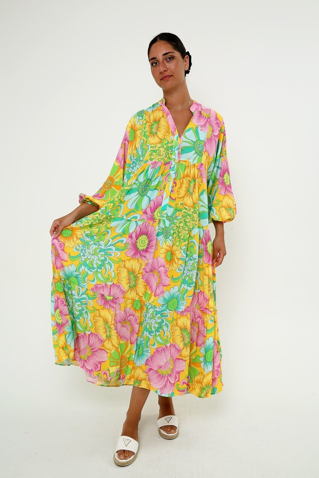 Women's Bright Floral Print Maxi Dress - Boho Long Sleeve Viscose, Tiered Design