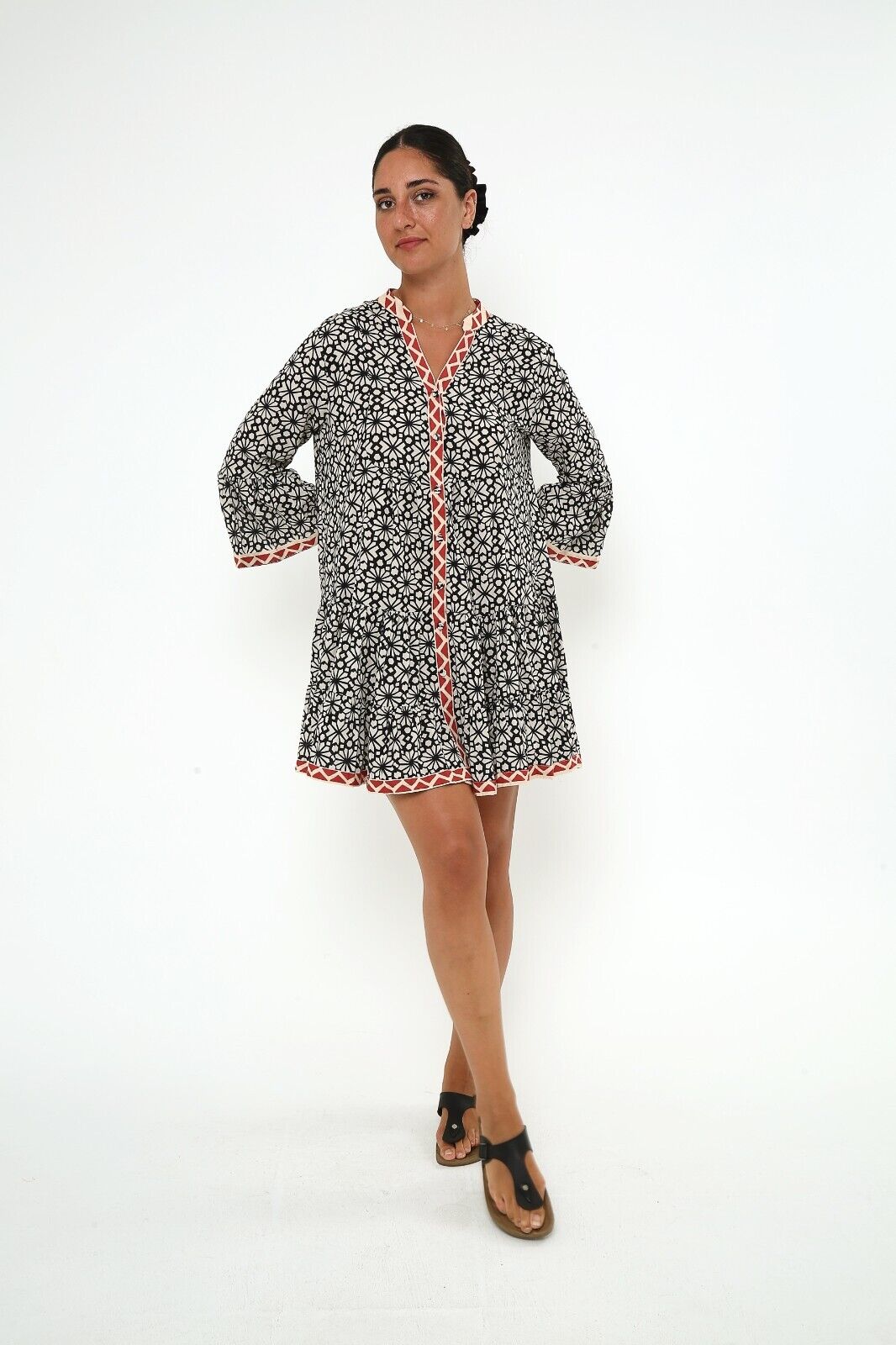 Women's Geometric Print Ruffle Hem Viscose A Line Dress