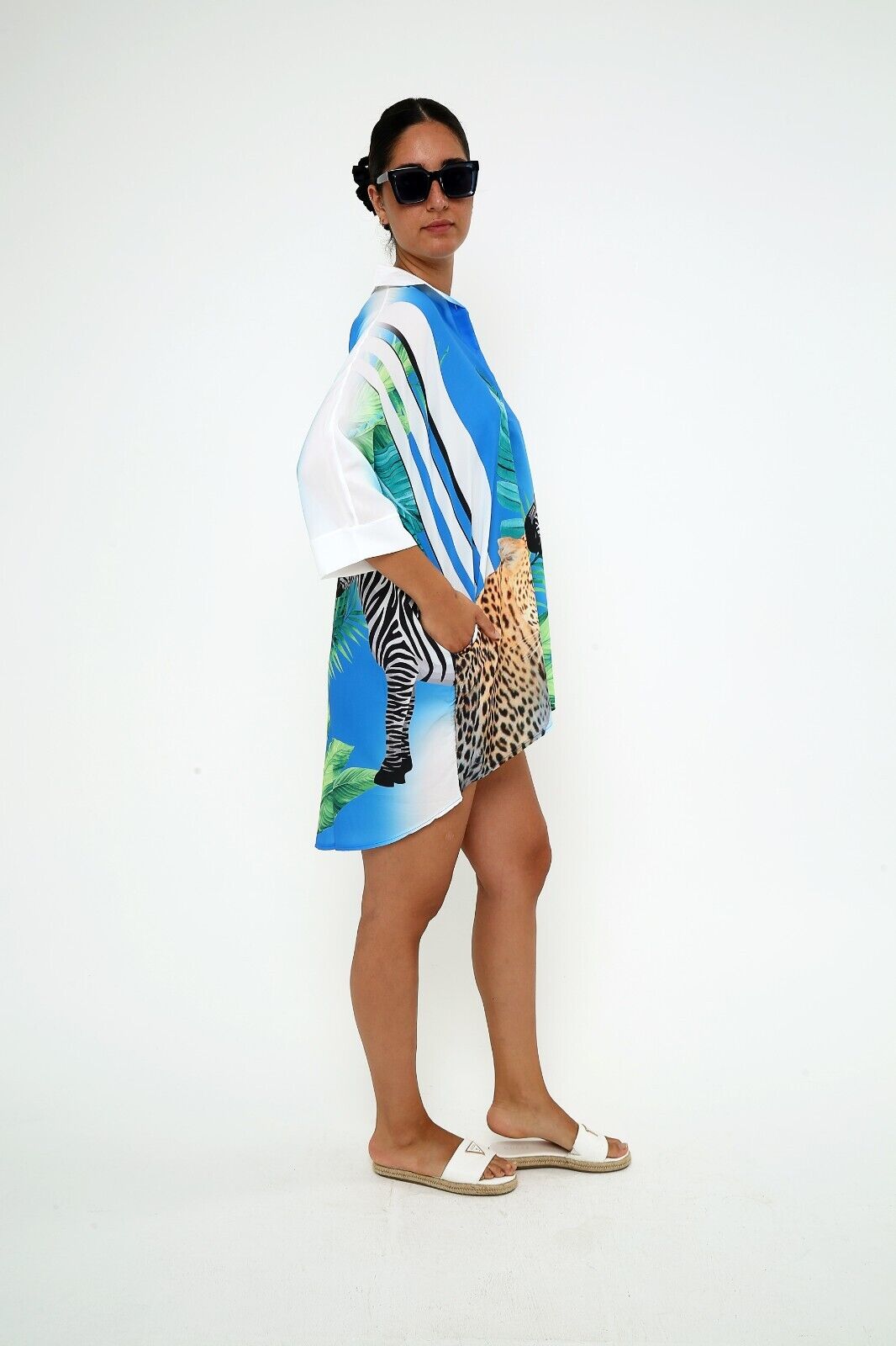 Women's Tropical Safari Animal Print Shirt Dress Blue Leopard and Zebra Graphic