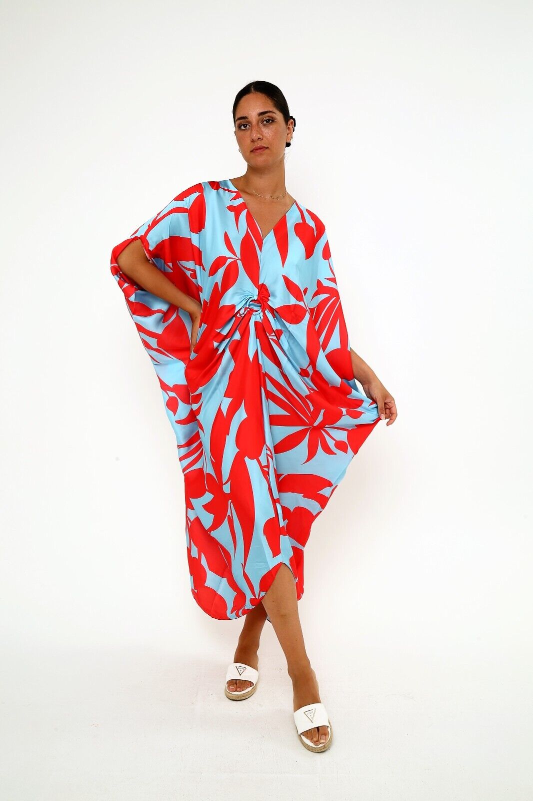 Women's Tropical Breeze Red and Blue Silk Kaftan 3/4 sleeve