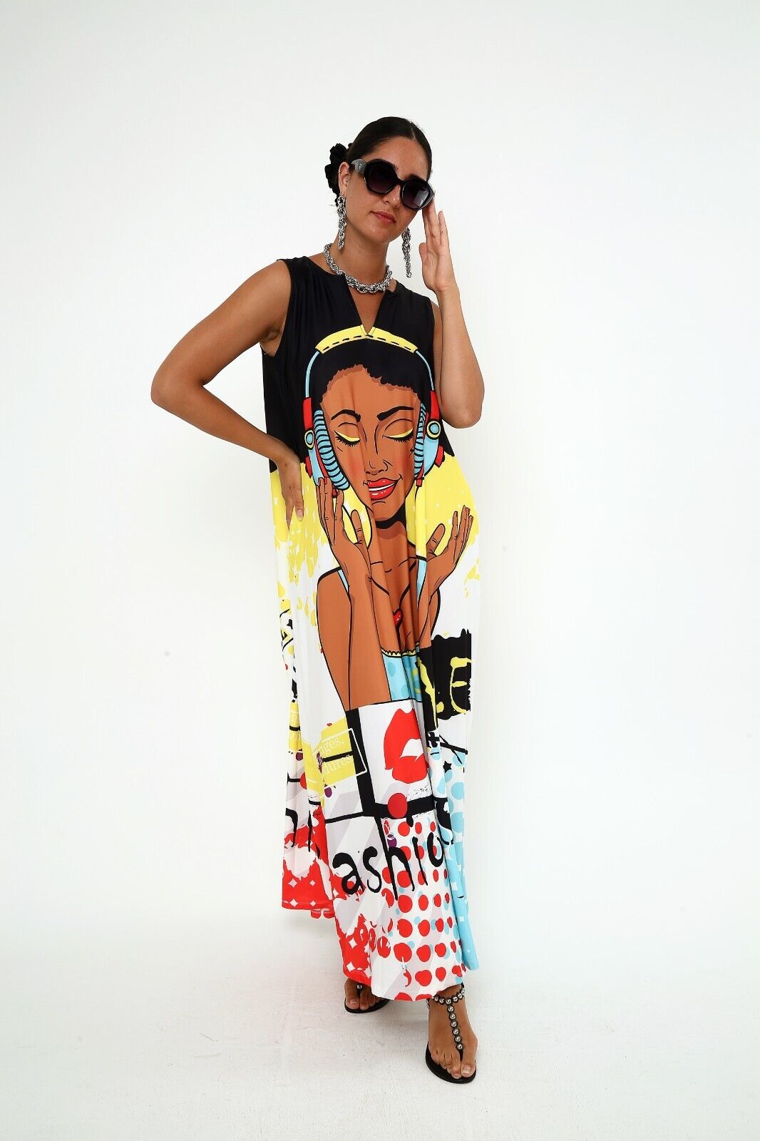 Women's Pop Art Music Vibes Viscose Sleeveless Black Maxi Dress With Pocket M