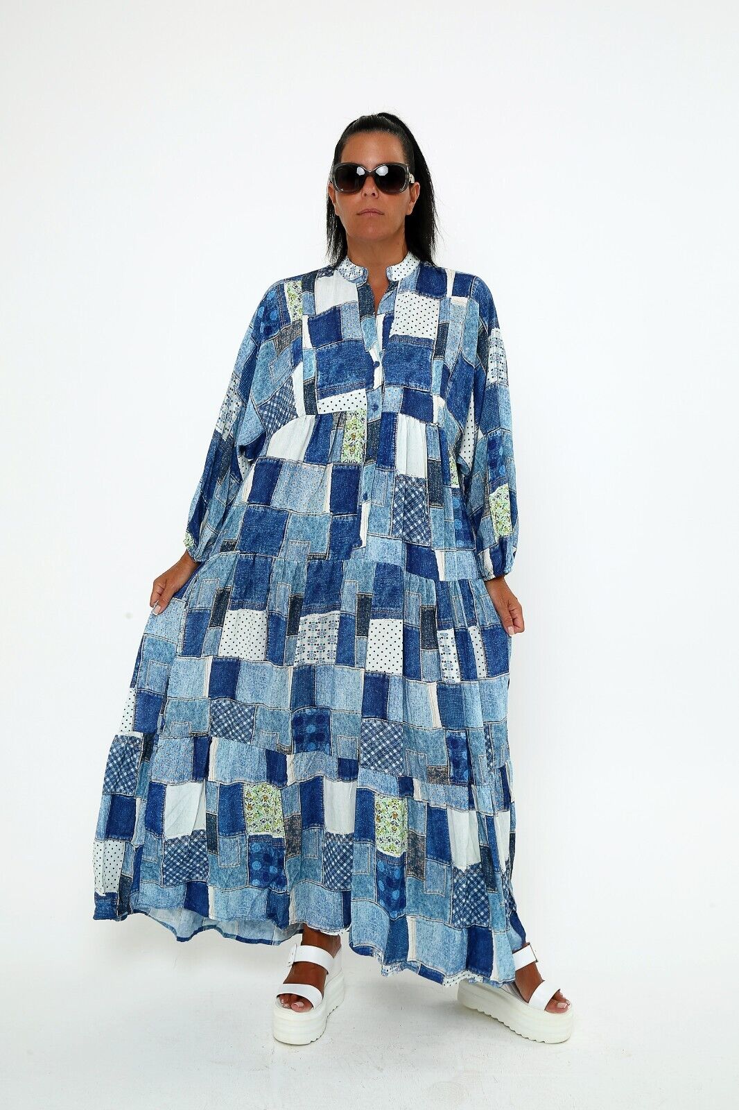 Women's Patchwork Denim-Print Maxi Dress - Boho Chic Viscose, Long Sleeve
