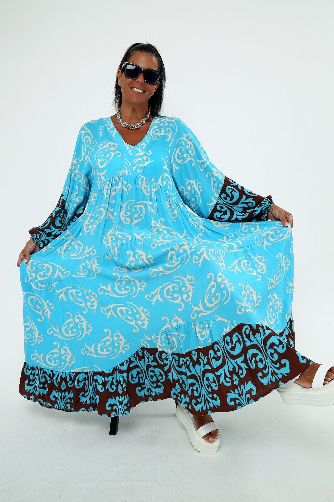 Women's Turquoise & Brown Boho Maxi Dress Long Sleeve Flowy Viscose ,plus size