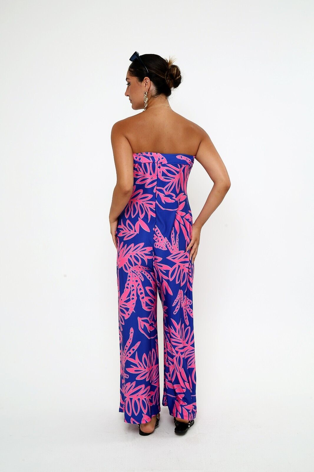 Women's Navy & Pink Tropical Print Strapless Jumpsuit - Wide-Leg Viscose
