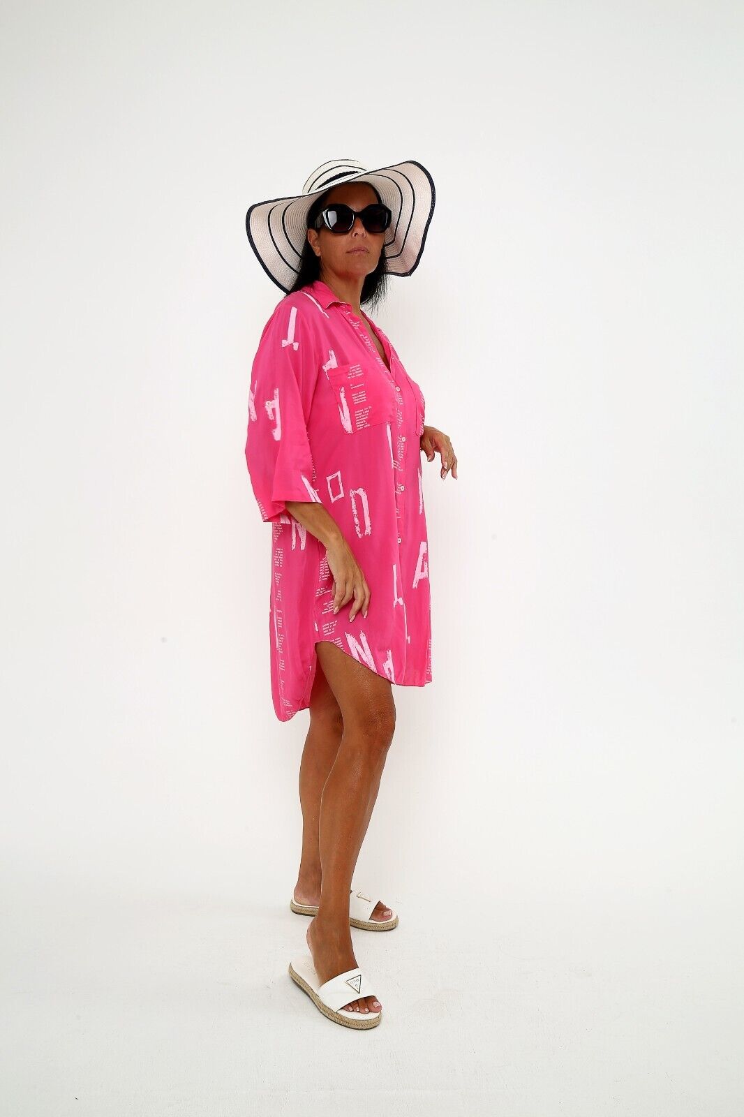Women's Bright Pink Button Down Shirt Dress Casual Viscose Tunic, Graphic Print