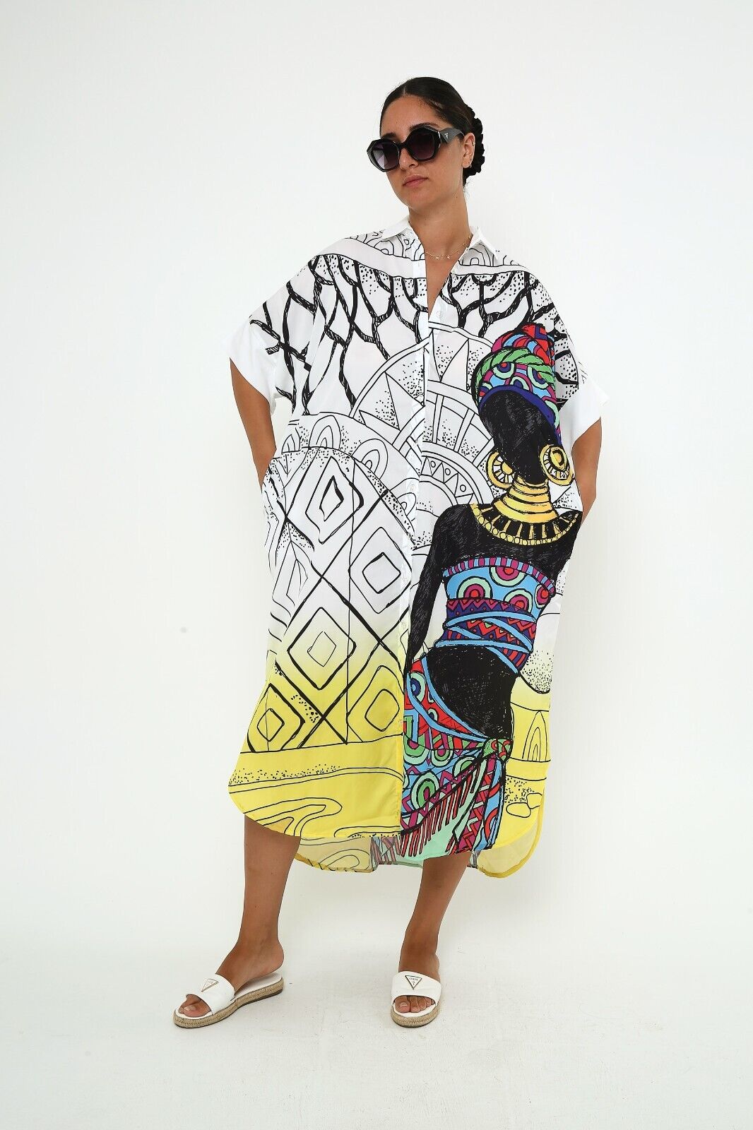 Women's Abstract African Art Print Shirt Dress - Oversized Viscose Kaftan