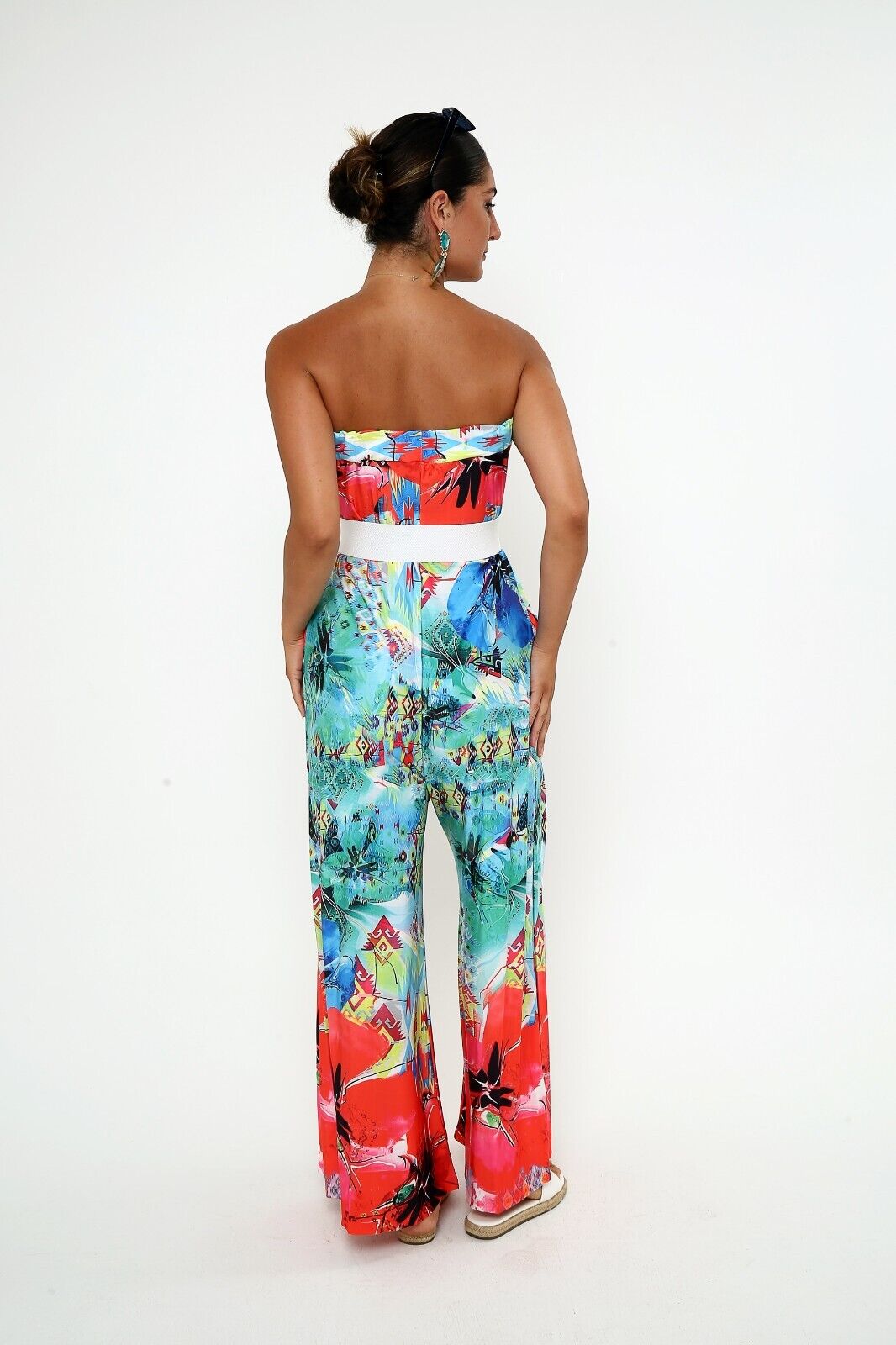Women's Tropical Strapless Jumpsuit,Vibrant Floral &Abstract Print, Wide-Leg