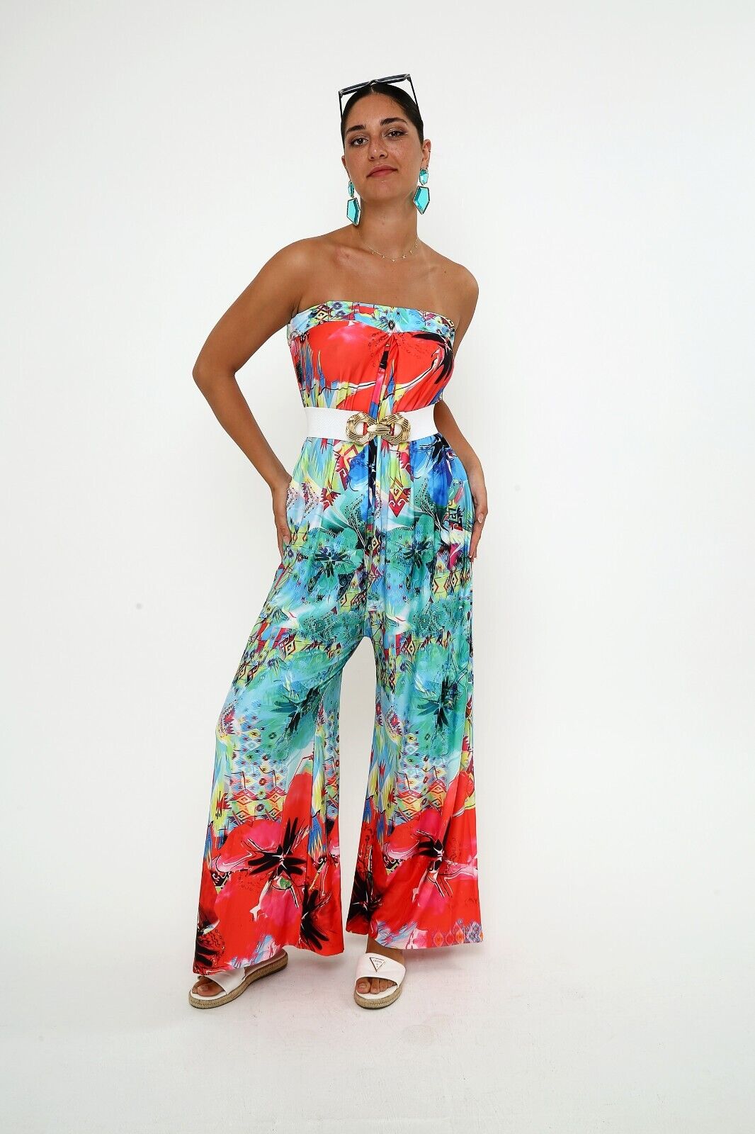 Women's Tropical Strapless Jumpsuit,Vibrant Floral &Abstract Print, Wide-Leg