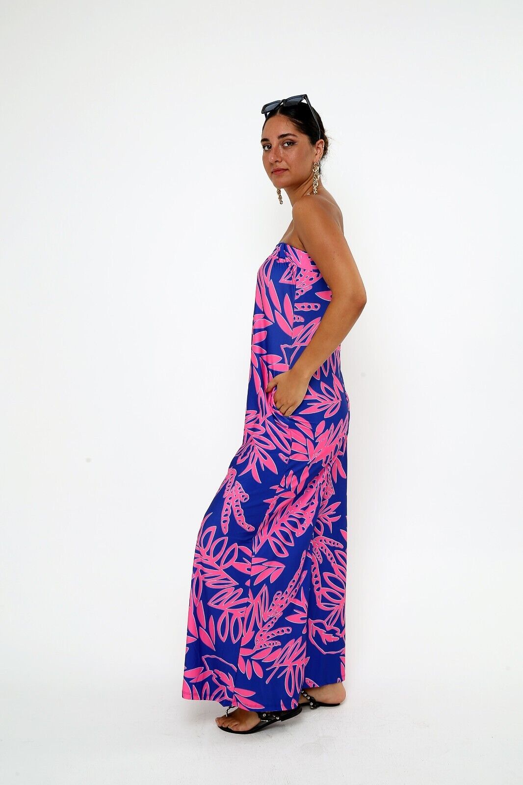 Women's Navy & Pink Tropical Print Strapless Jumpsuit - Wide-Leg Viscose