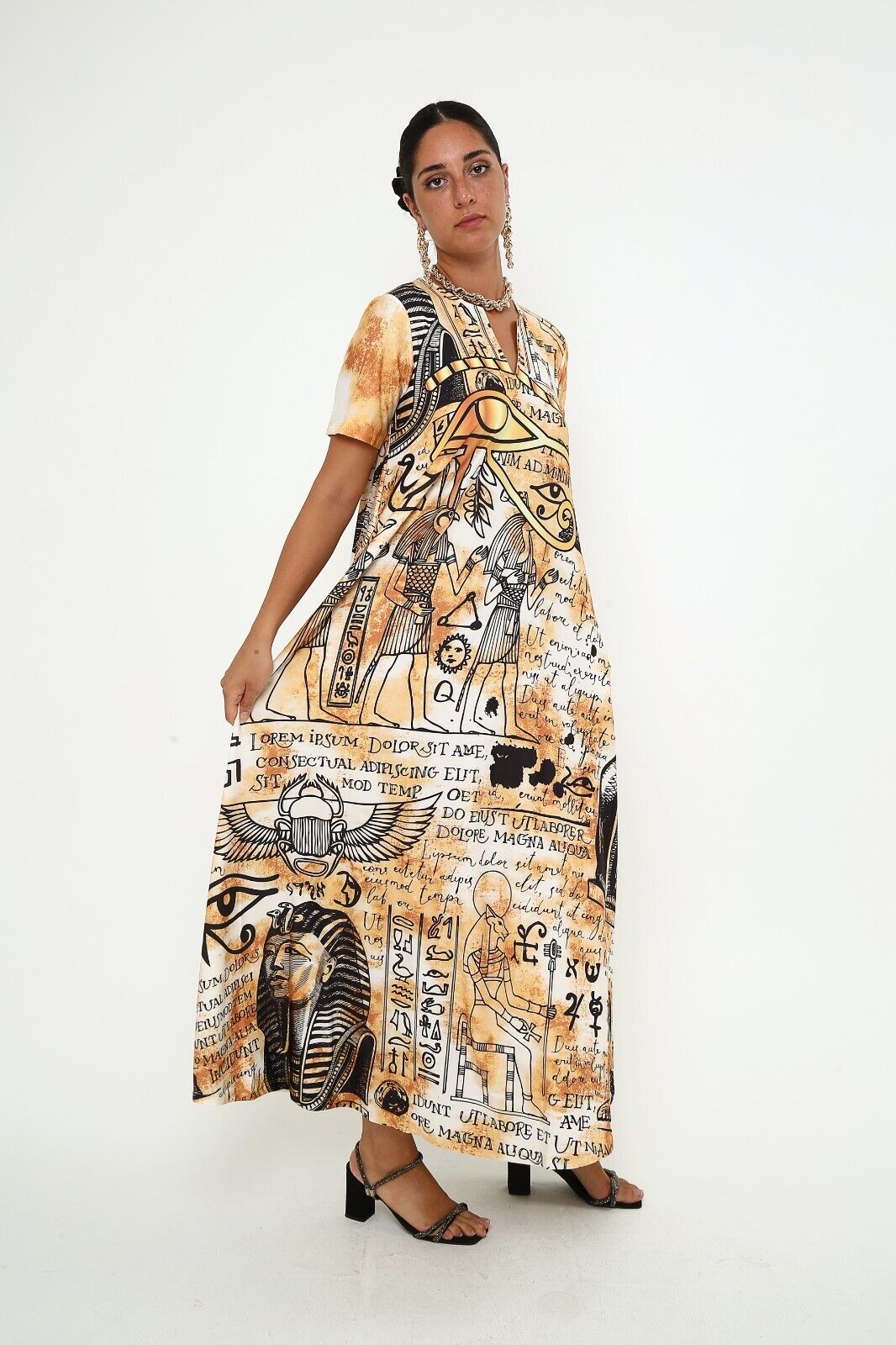 Women's Ancient Egyptian Script and Symbols Viscose Maxi Dress with Pocket