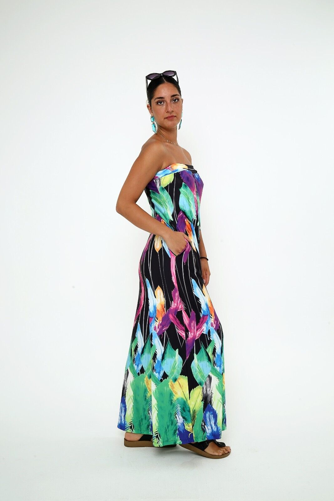 Women's Strapless Floral Jumpsuit ,Colorful Wide Leg with side pockets
