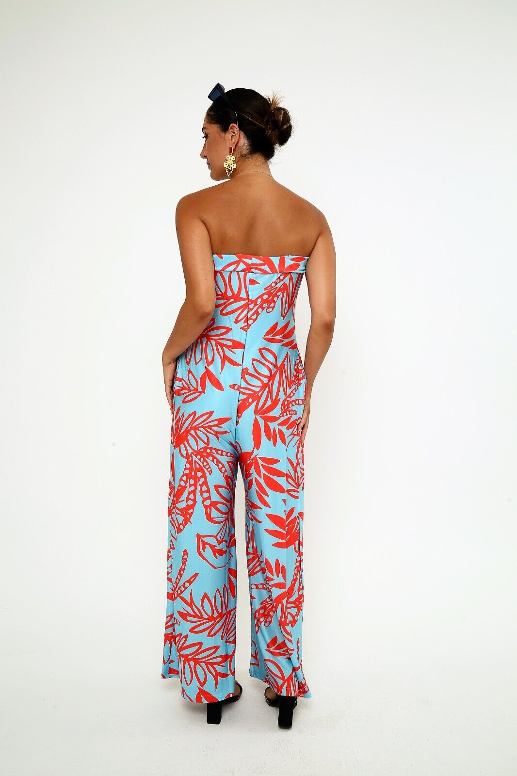Women's Blue & Red Tropical Print Strapless Jumpsuit with Side Pockets