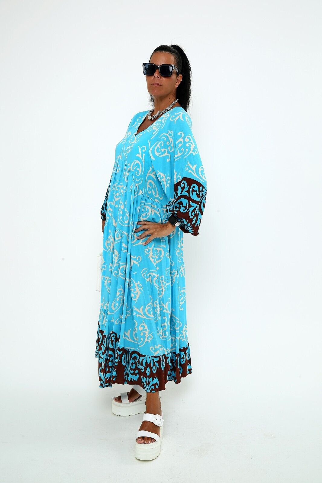 Women's Turquoise & Brown Boho Maxi Dress Long Sleeve Flowy Viscose ,plus size